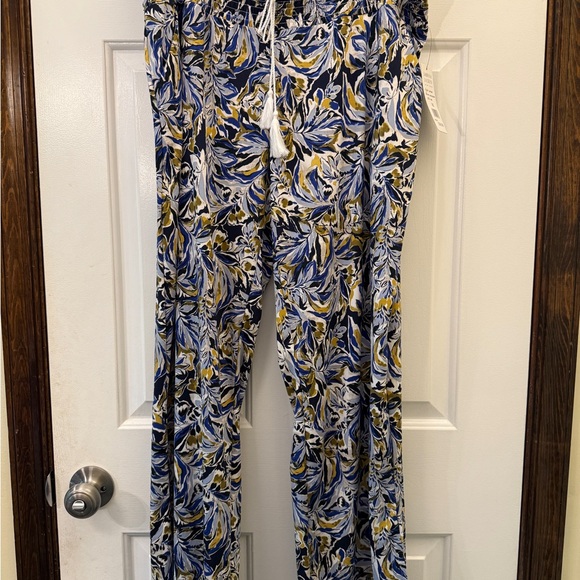Elegant Blue and Yellow Floral Women's Wide Leg Pants - Picture 1 of 10